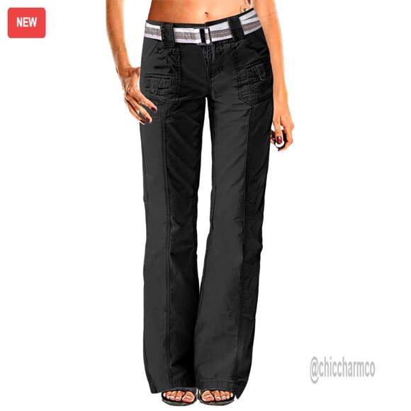 Mid Rise Straight Leg Cargo Pants Cotton Spandex Blend Casual Work Wear